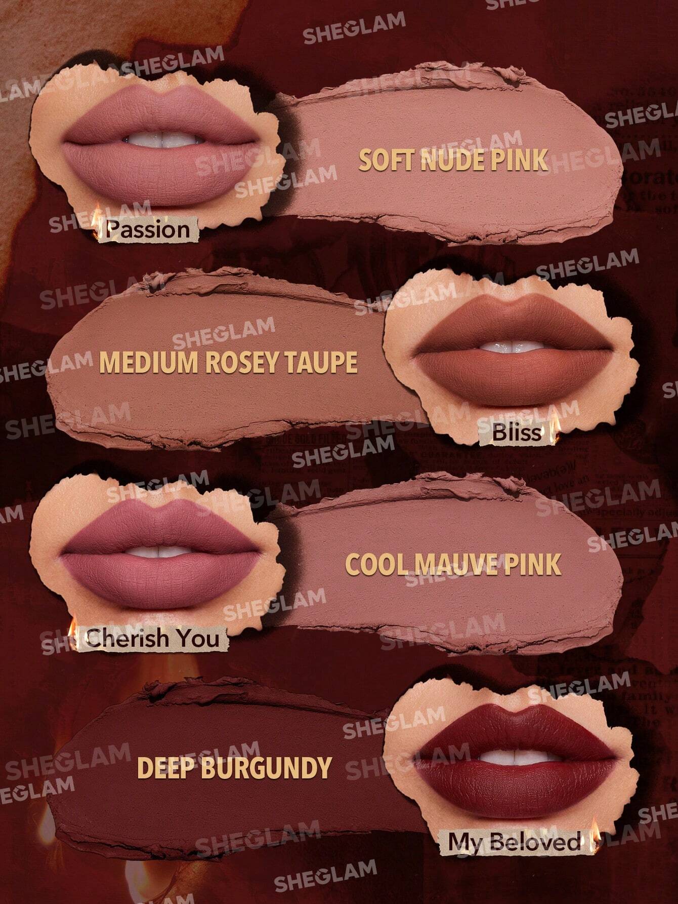 SHEGLAM Ember Rose Lipstick Stand – 8-Piece Matte & Gloss Lipstick Collection