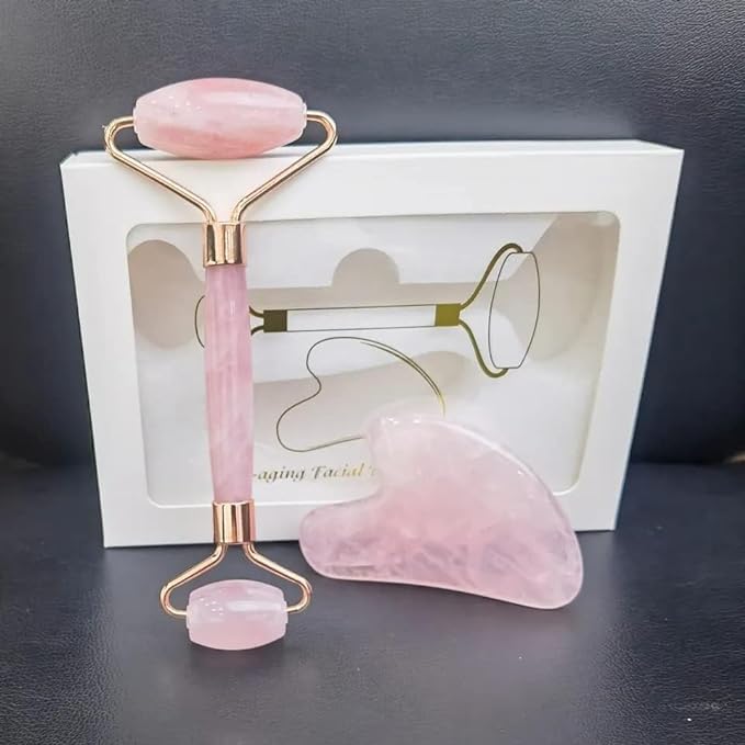 Rose Quartz Jade Face Roller Massager & Gua Sha Set