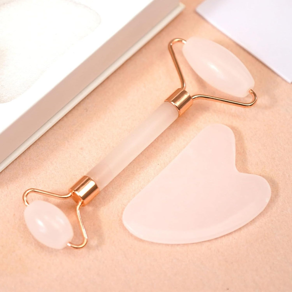 Rose Quartz Jade Face Roller Massager & Gua Sha Set