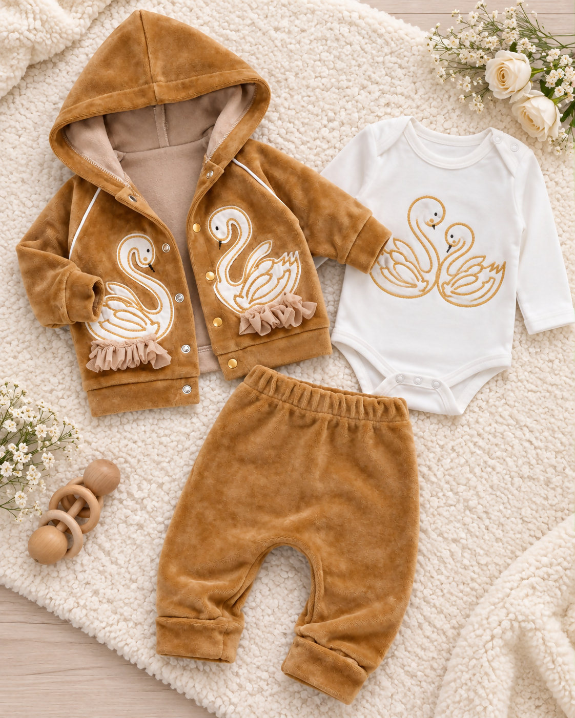 Turkish Swan Baby Velour 3-Piece Set 🦢