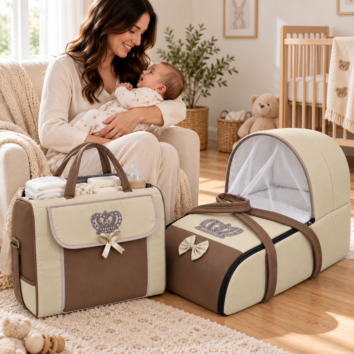 Crown Baby Carrycot & Matching Bag – 2-Piece Set