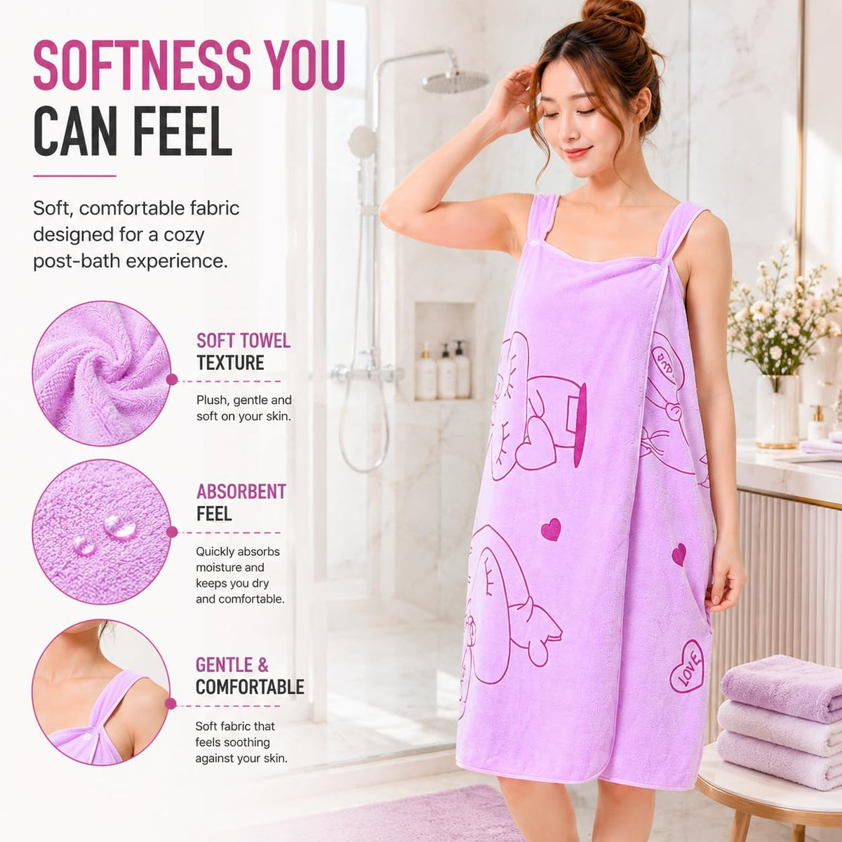 Wearable Bath Towel Wrap with Shoulder Straps