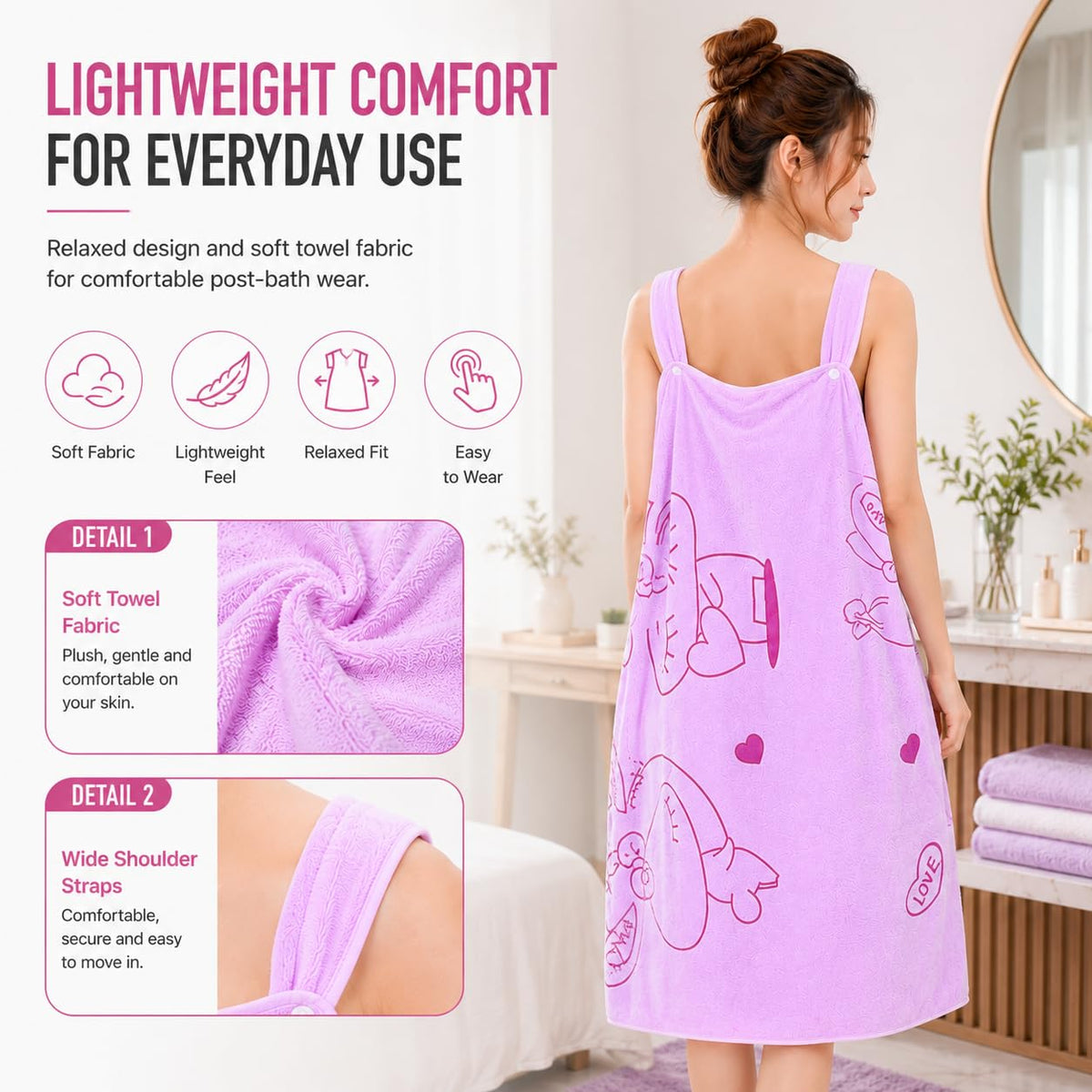 Wearable Bath Towel Wrap with Shoulder Straps