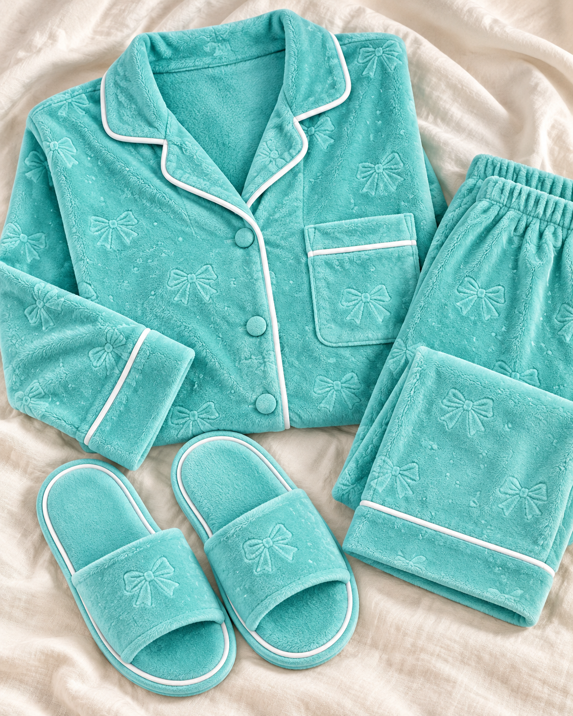 Bow Detail Pyjama Set with Matching Slippers