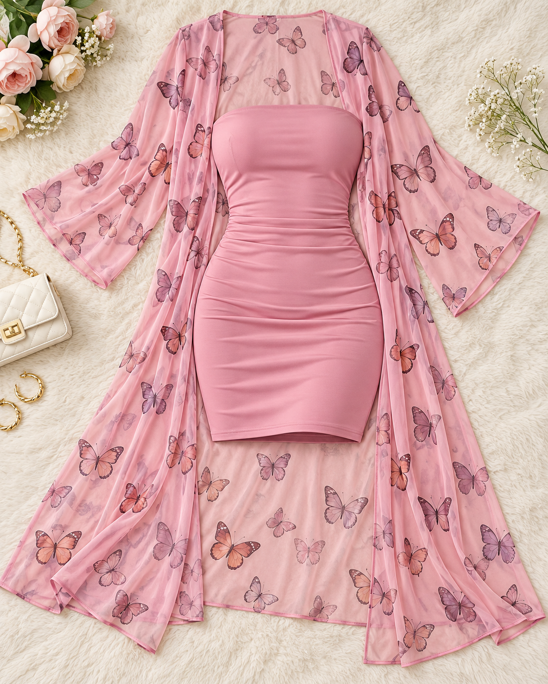 Women’s 2-Piece Lycra Dress & Chiffon Robe Set