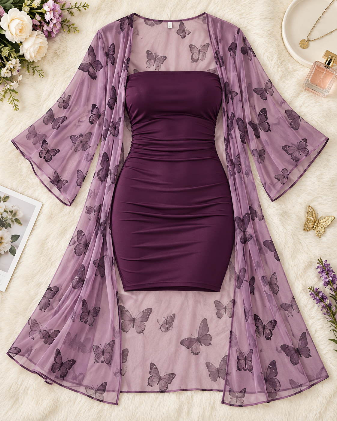 Women’s 2-Piece Lycra Dress & Chiffon Robe Set