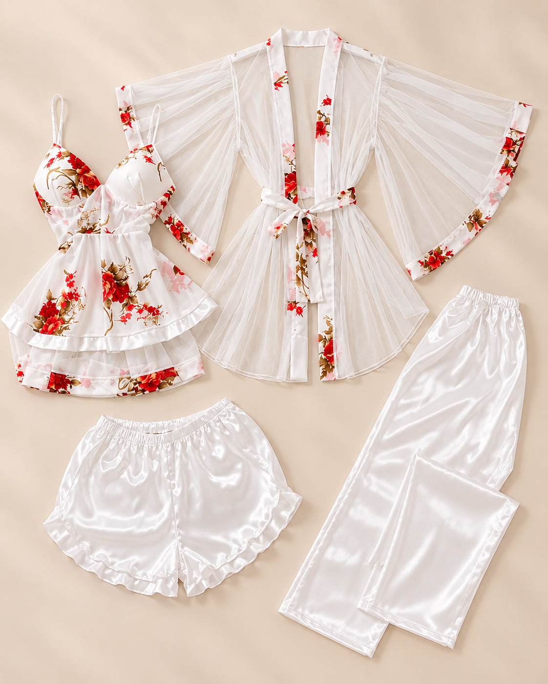 Floral Satin & Sheer Robe Sleepwear Set