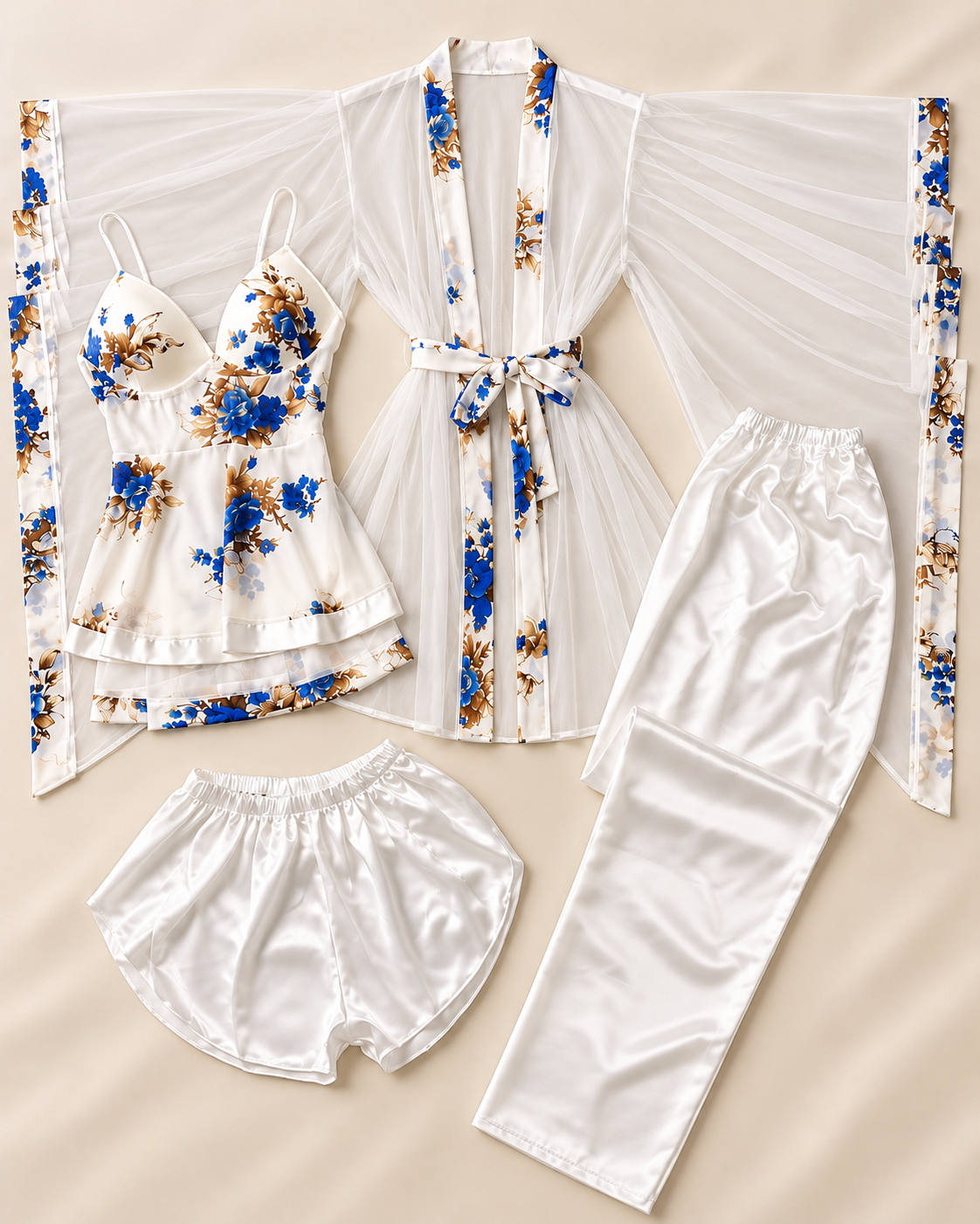 Floral Satin & Sheer Robe Sleepwear Set