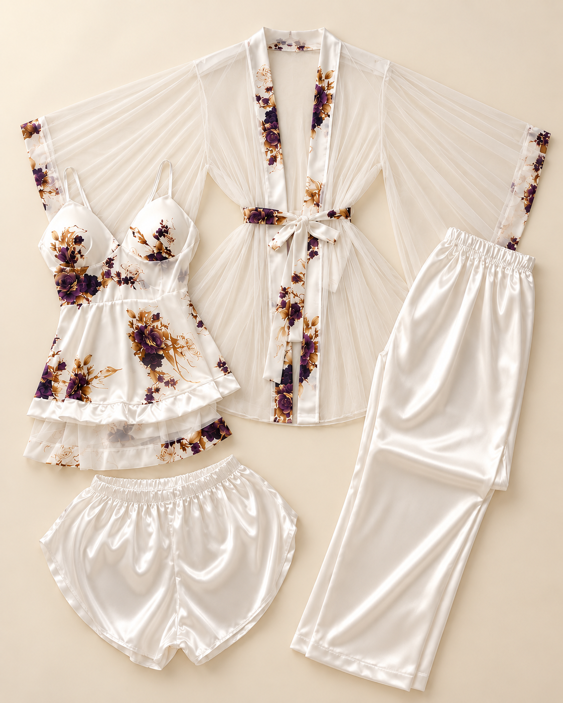 Floral Satin & Sheer Robe Sleepwear Set