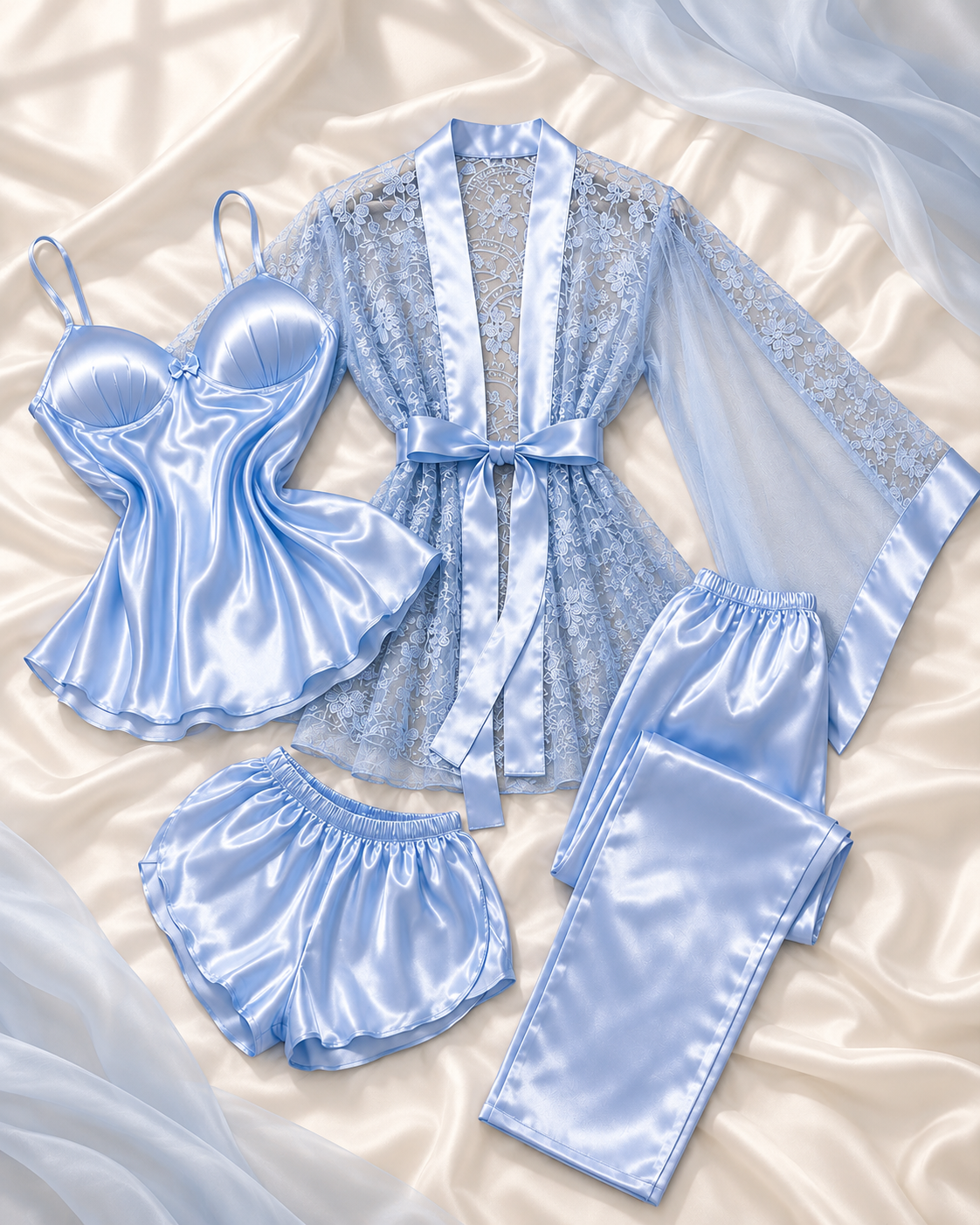 Four-Piece Satin and Lace Sleepwear Set