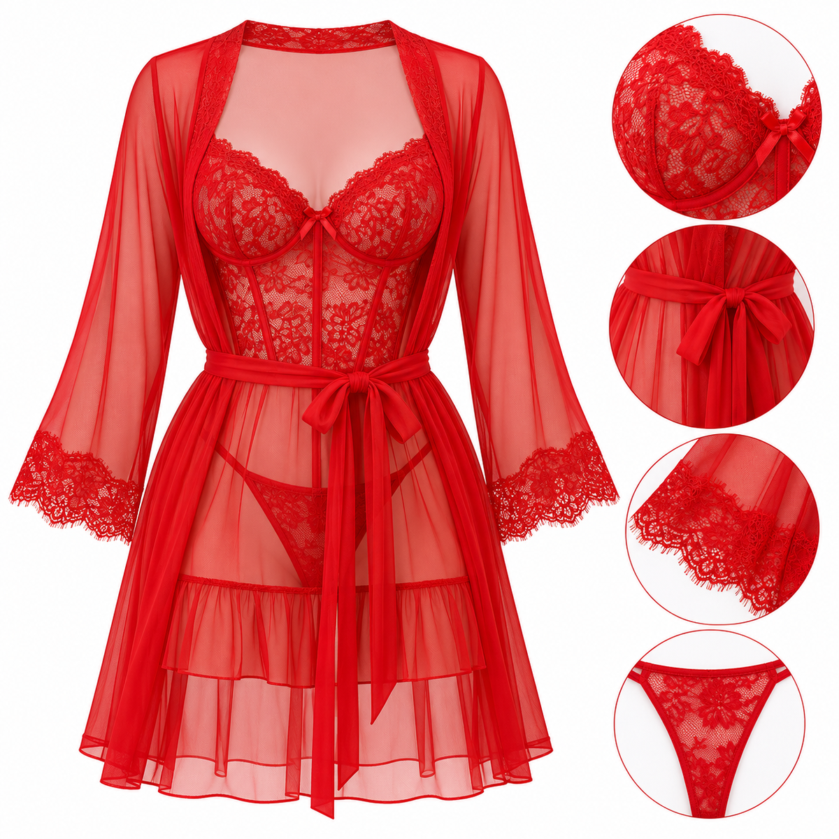 Lace & Sheer Robe Lingerie Set