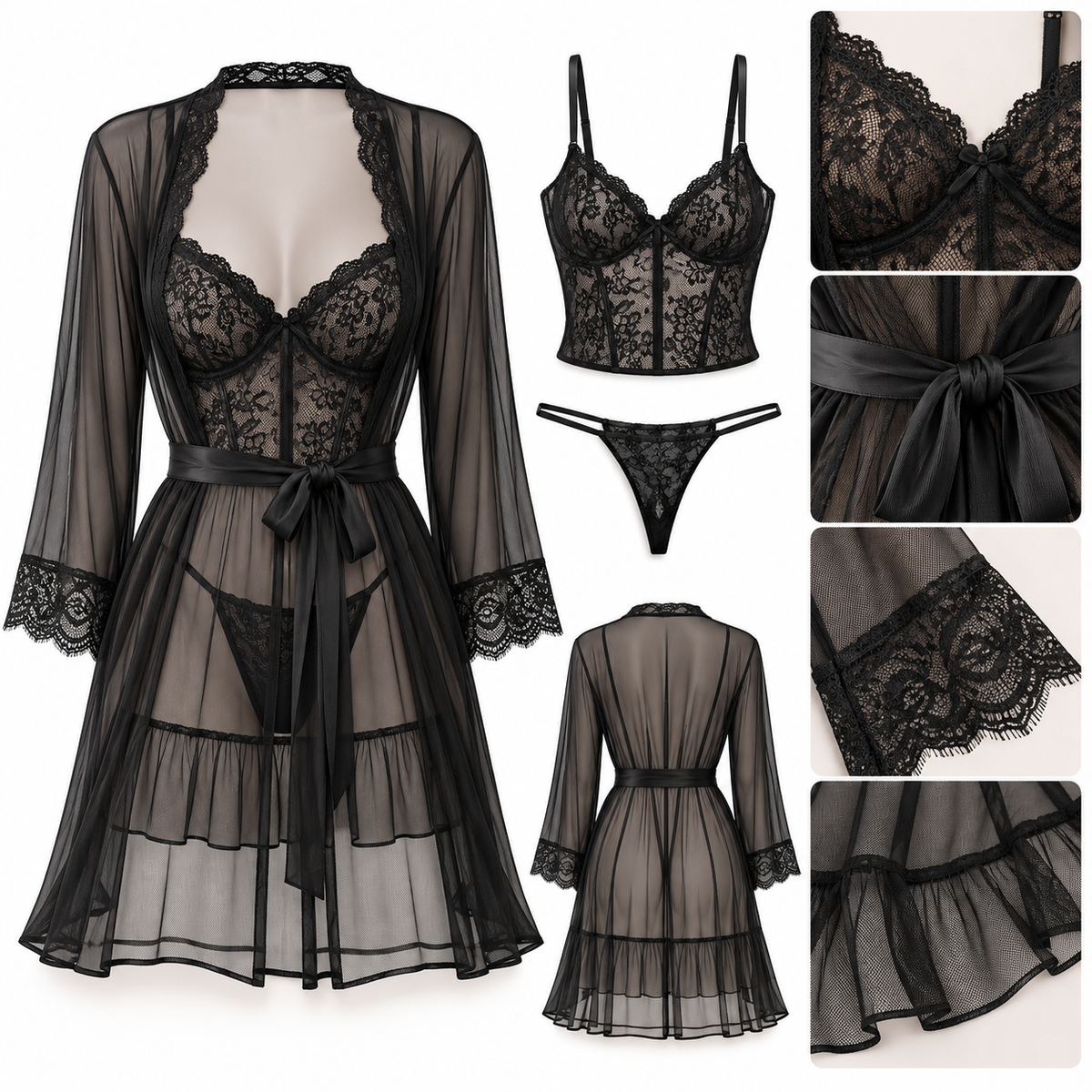 Lace & Sheer Robe Lingerie Set