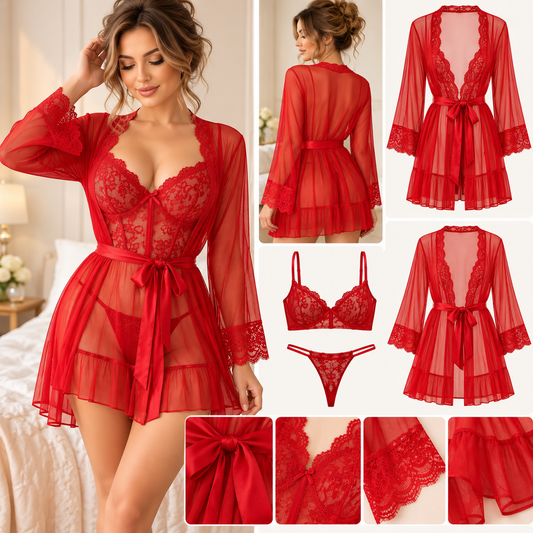 Lace & Sheer Robe Lingerie Set