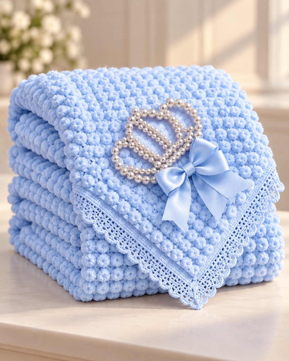 Soft Plush Baby Blanket with Bow & Pearl Detail