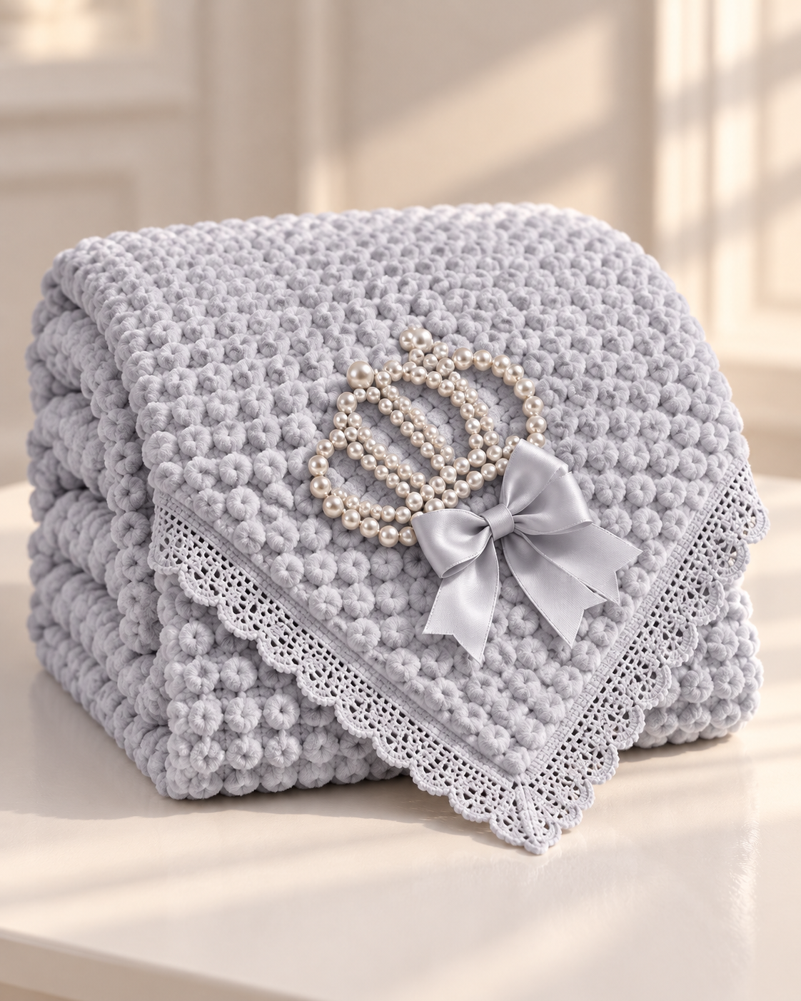 Soft Plush Baby Blanket with Bow & Pearl Detail