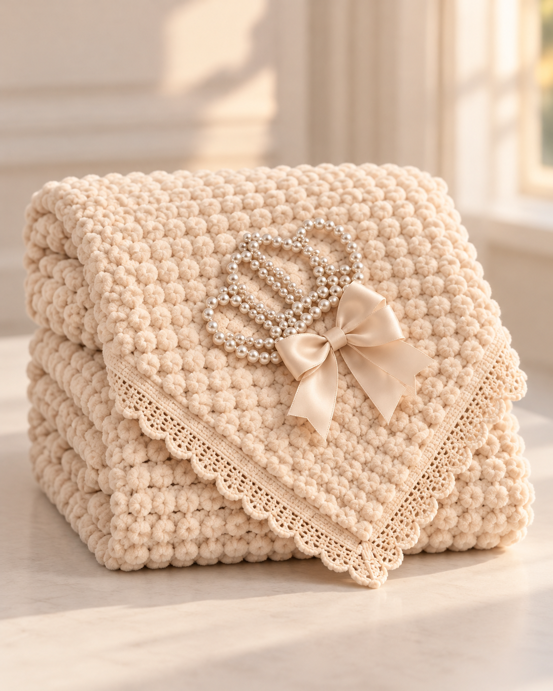 Soft Plush Baby Blanket with Bow & Pearl Detail