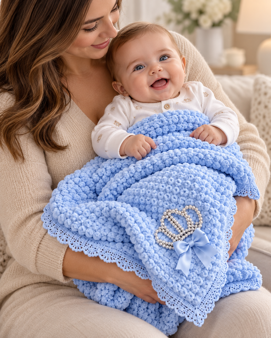 Soft Plush Baby Blanket with Bow & Pearl Detail