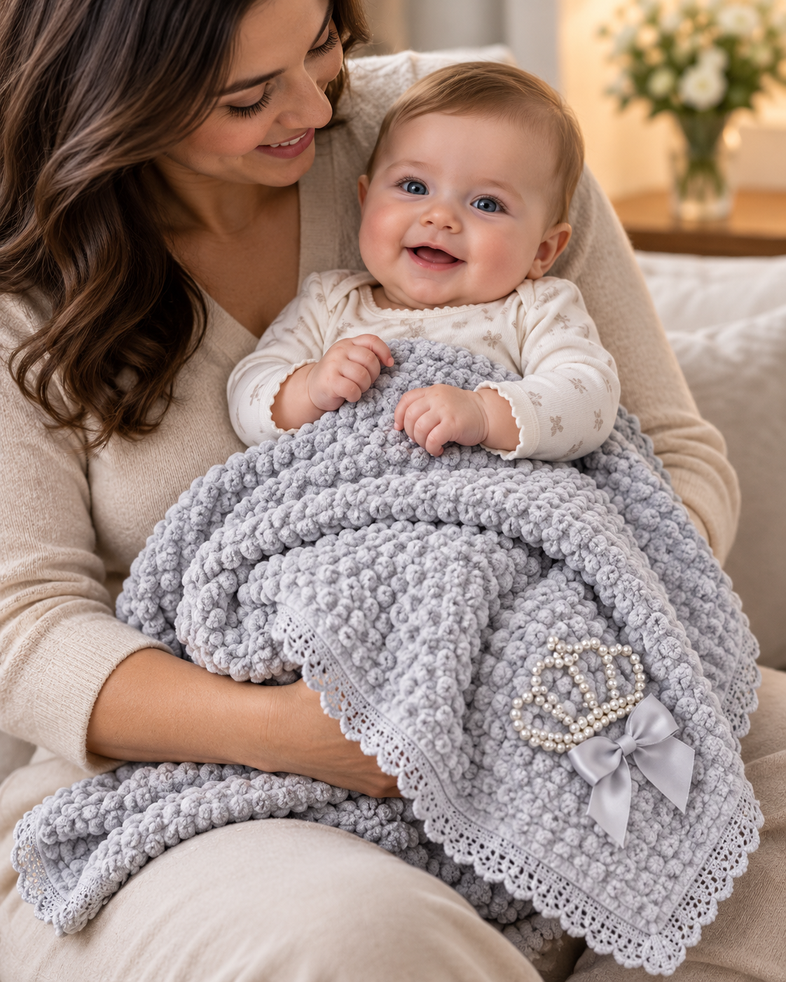 Soft Plush Baby Blanket with Bow & Pearl Detail