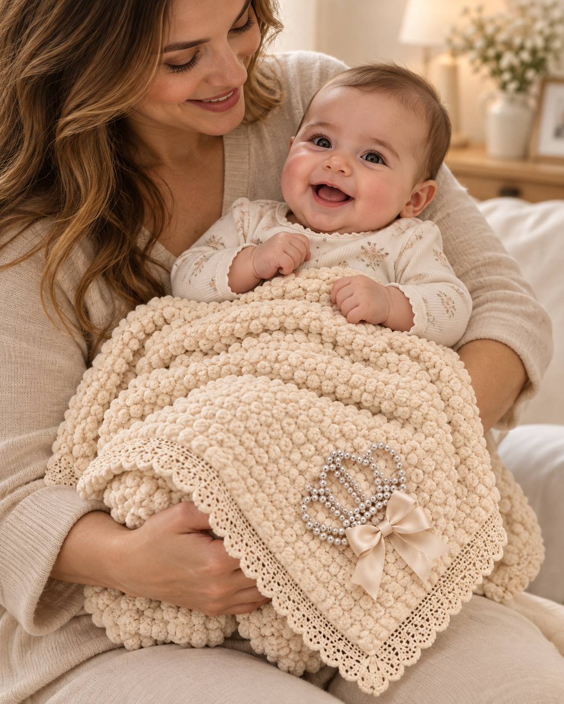 Soft Plush Baby Blanket with Bow & Pearl Detail