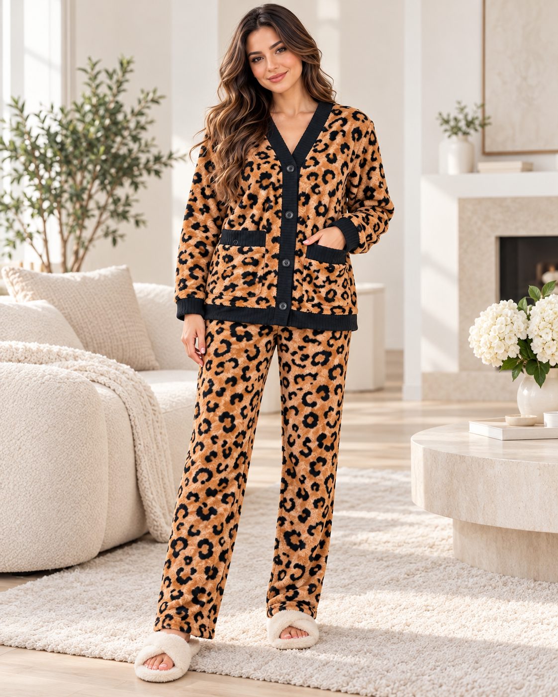 Leopard Print Fleece Pajama Set