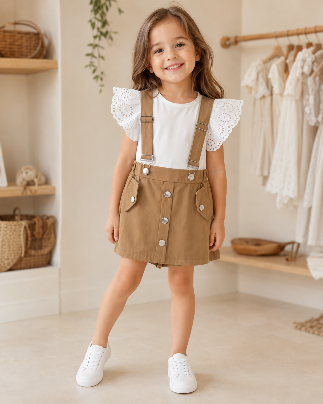 Girls’ Linen Suspender Skort Set – 2 Pieces