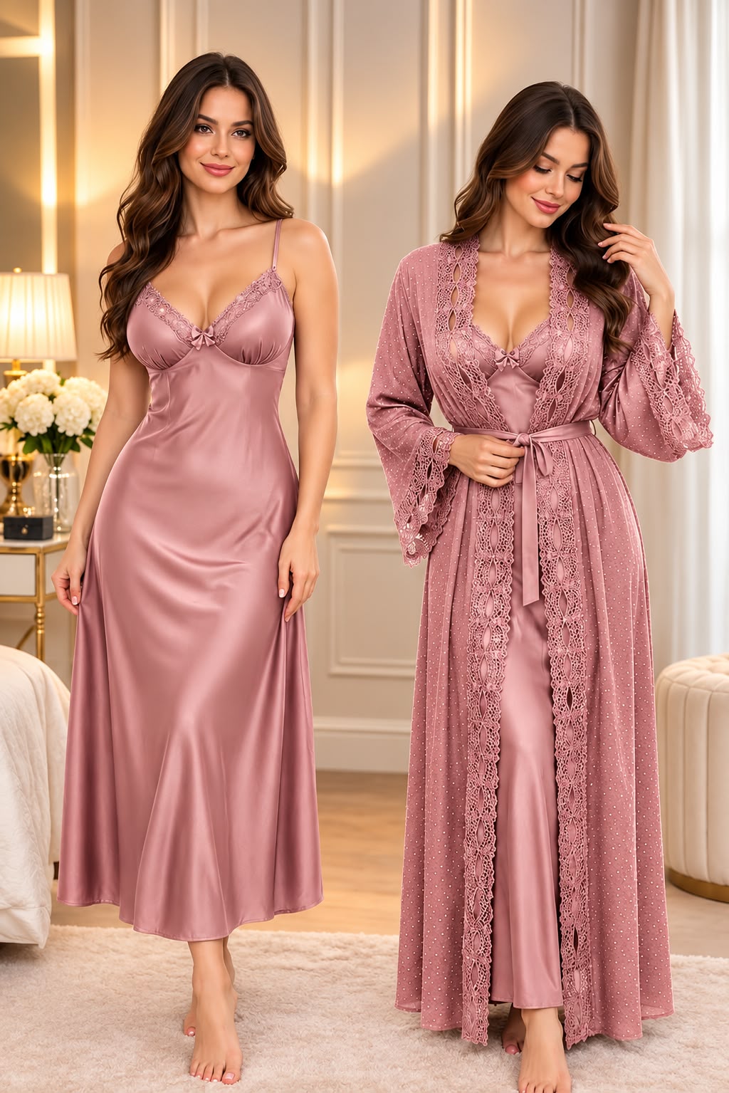Satin Long Slip & Kimono Robe Set with Lace Trim - photo 5