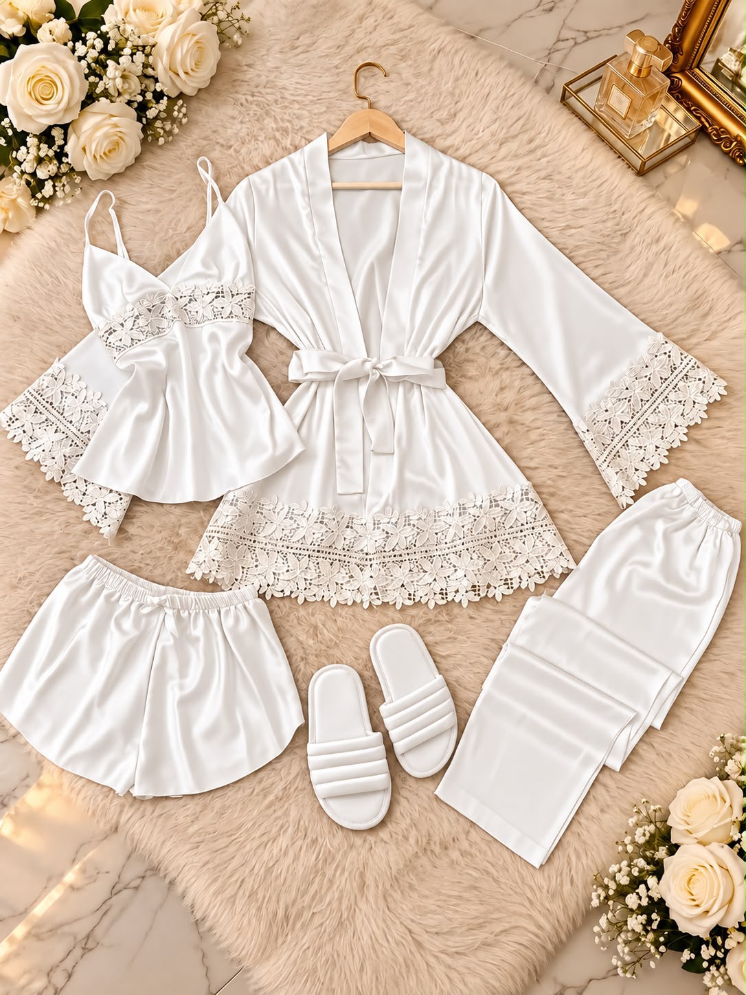 5-Piece Satin Lace-Trim Pajama Set with Robe & Slippers - supplier photo 2