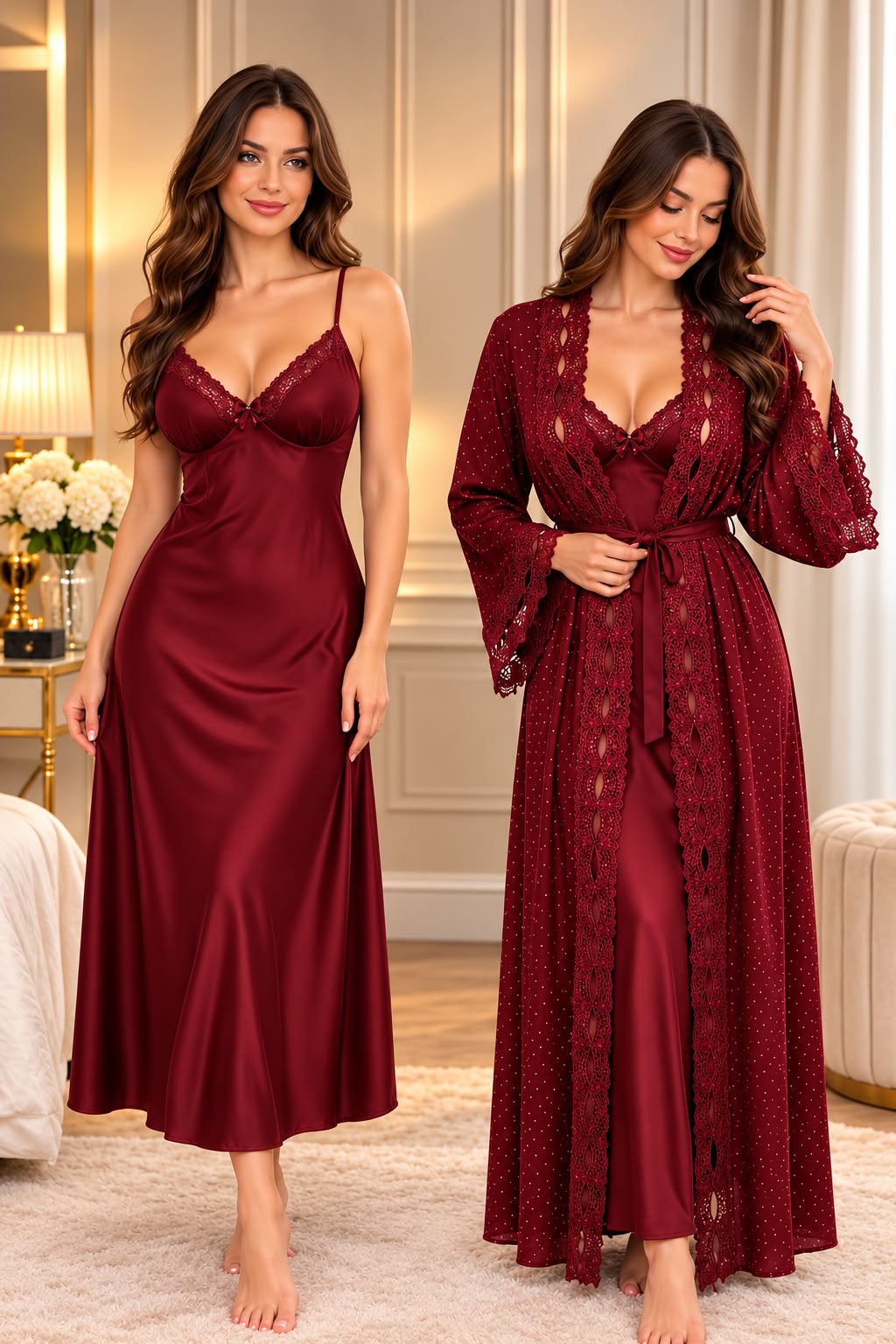 Satin Long Slip & Kimono Robe Set with Lace Trim - photo 1