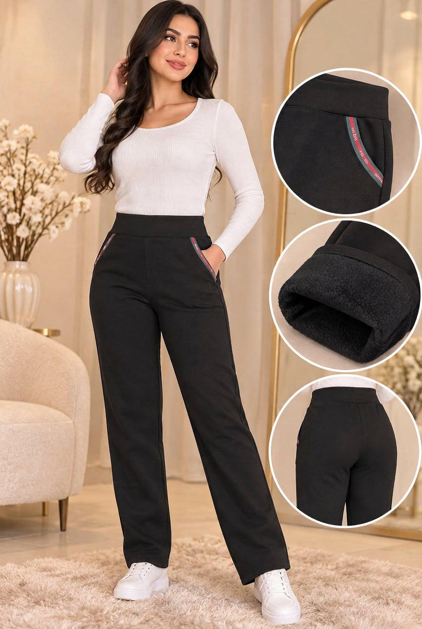 Black Fleece-Lined High-Waisted Trousers
