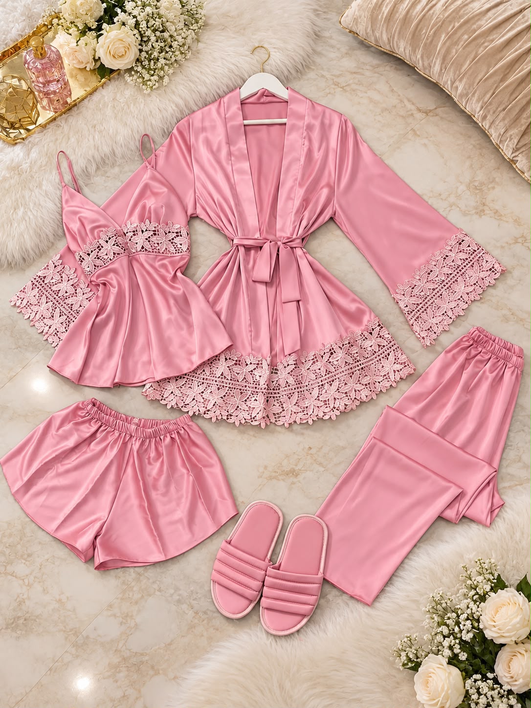 5-Piece Satin Lace-Trim Pajama Set with Robe & Slippers - supplier photo 1