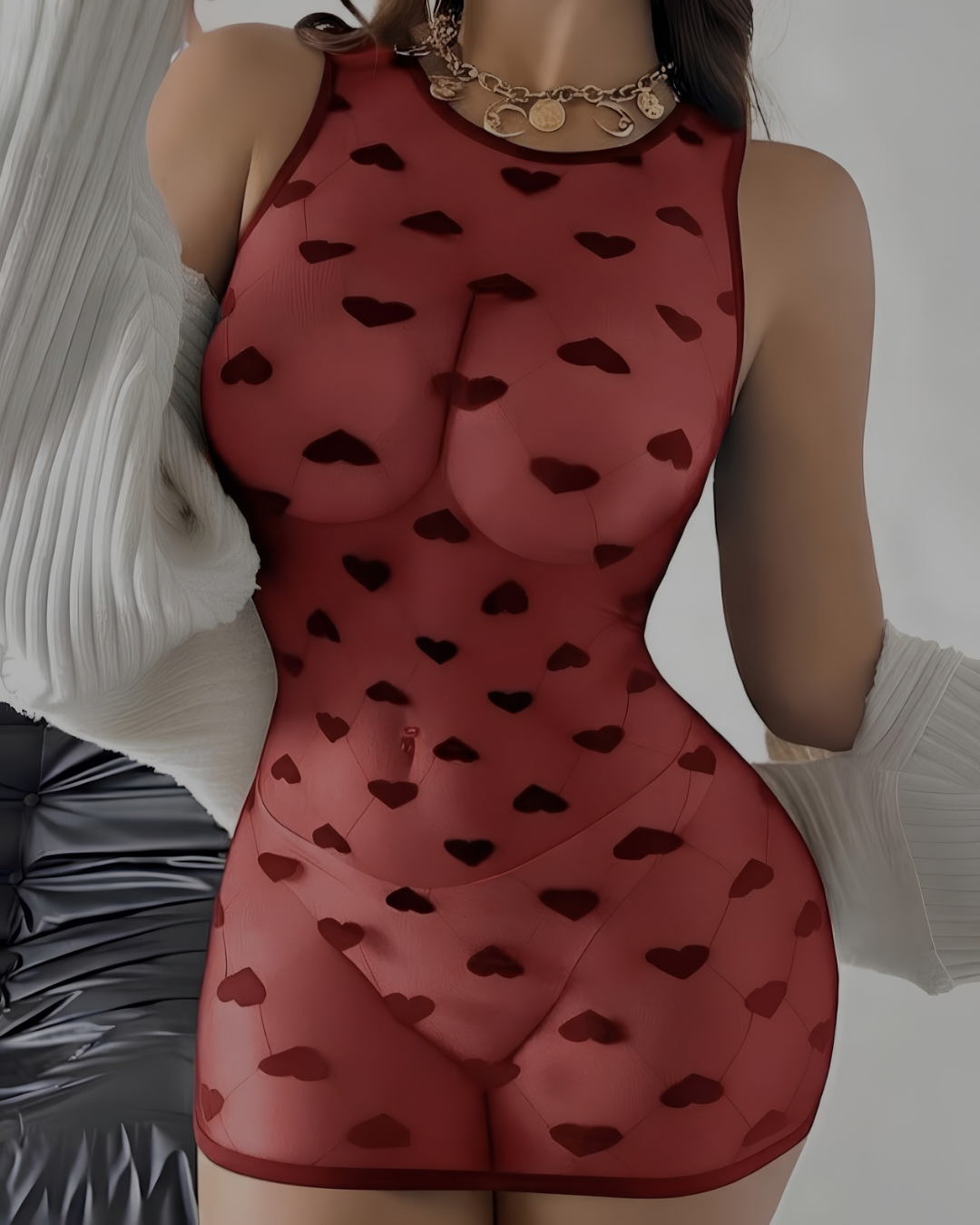 Heart Print Sheer Mini Dress