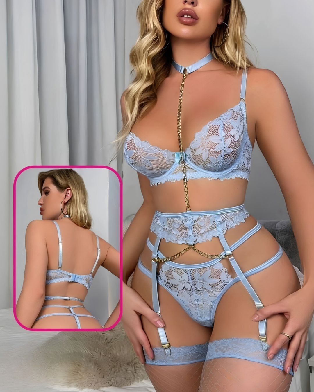 Lace Garter Lingerie Set with Chain Detail