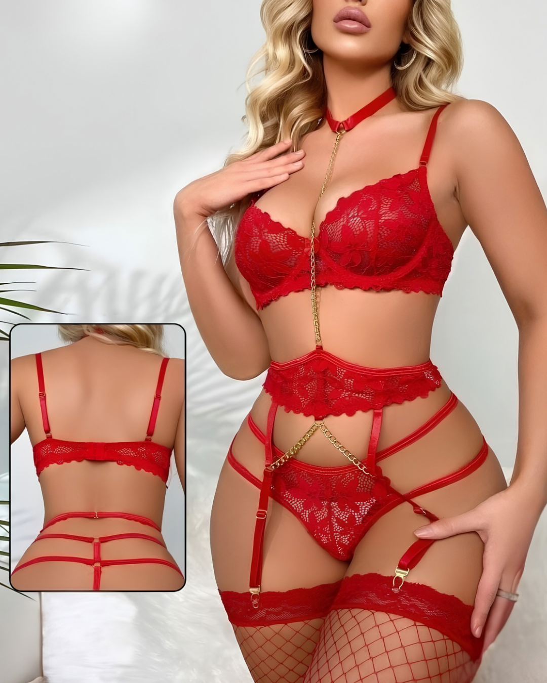 Lace Garter Lingerie Set with Chain Detail
