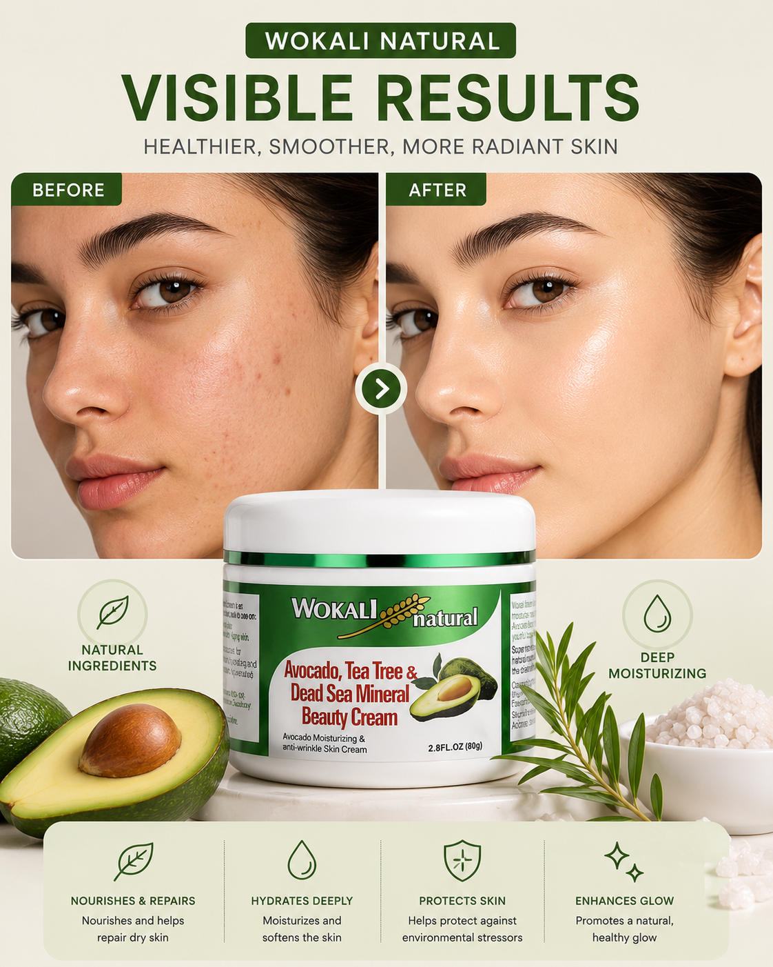Wokali Natural Avocado, Tea Tree & Dead Sea Mineral Beauty Cream