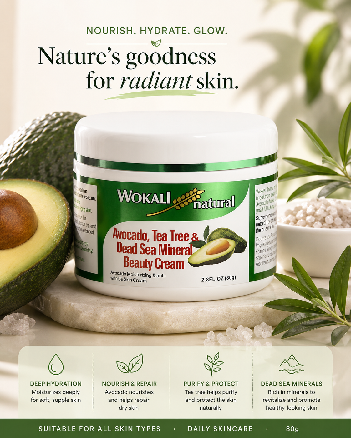 Wokali Natural Avocado, Tea Tree & Dead Sea Mineral Beauty Cream
