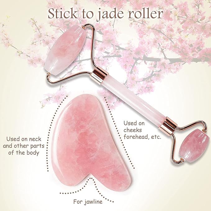 Rose Quartz Jade Face Roller Massager & Gua Sha Set