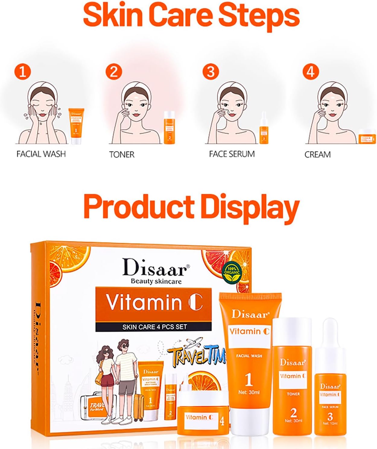 DISAAR Beauty Vitamin C Organic Orange Extract Skin Care Set – Brighten, Refresh & Protect