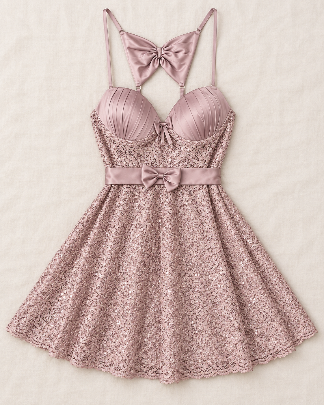 Satin Bow & Sequin Lace Babydoll Dress