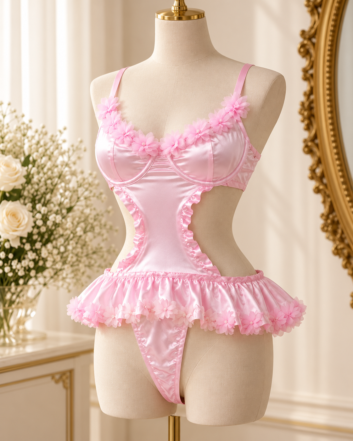 Pink Blossom Ruffle Lingerie Bodysuit