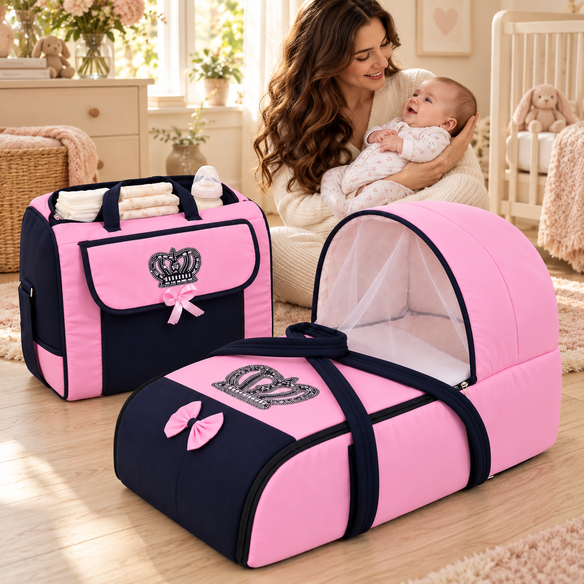 Crown Baby Carrycot & Matching Bag – 2-Piece Set