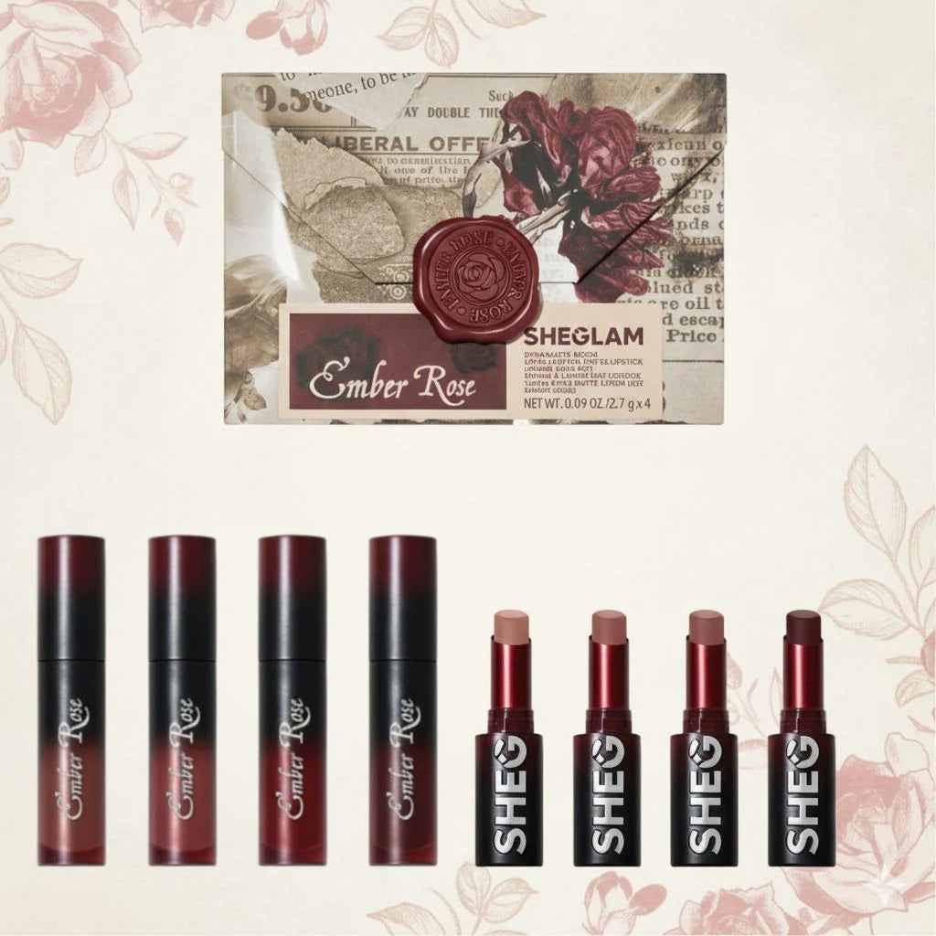 SHEGLAM Ember Rose Lipstick Stand – 8-Piece Matte & Gloss Lipstick Collection
