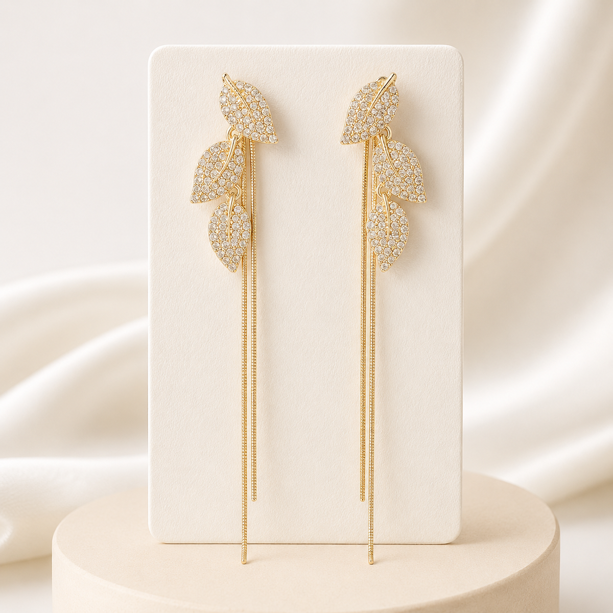 Long Crystal Leaf Earrings