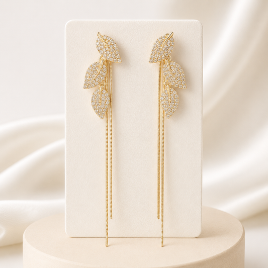 Long Crystal Leaf Earrings