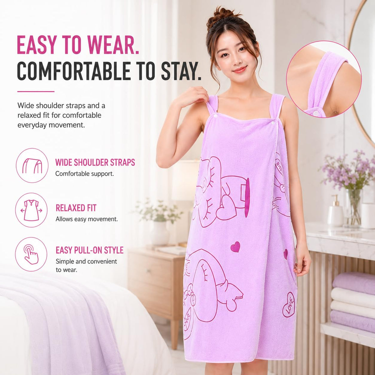 Wearable Bath Towel Wrap with Shoulder Straps