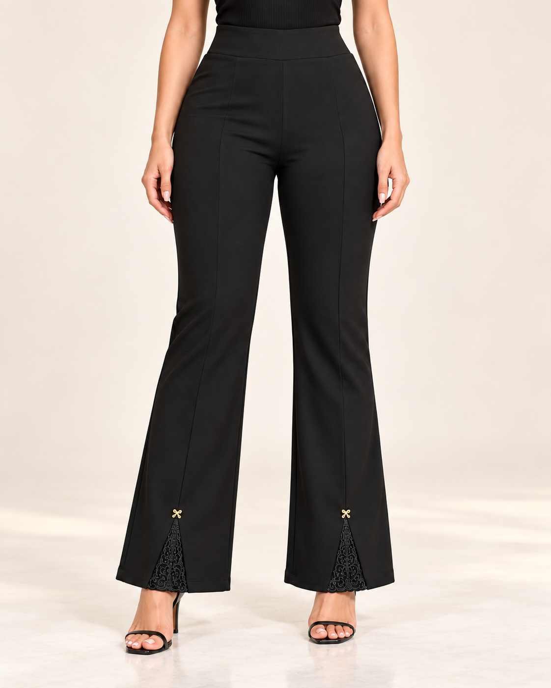 Black High-Waist Trousers with Lace & Gold Bow Details