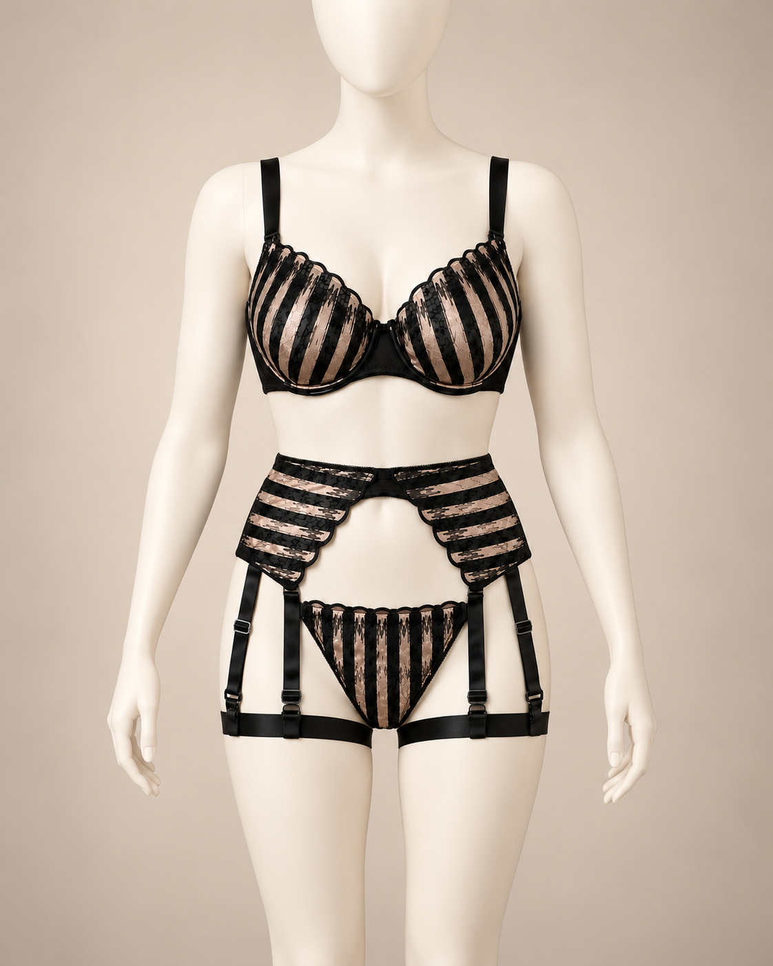 Black & Champagne Embroidered Lingerie Set