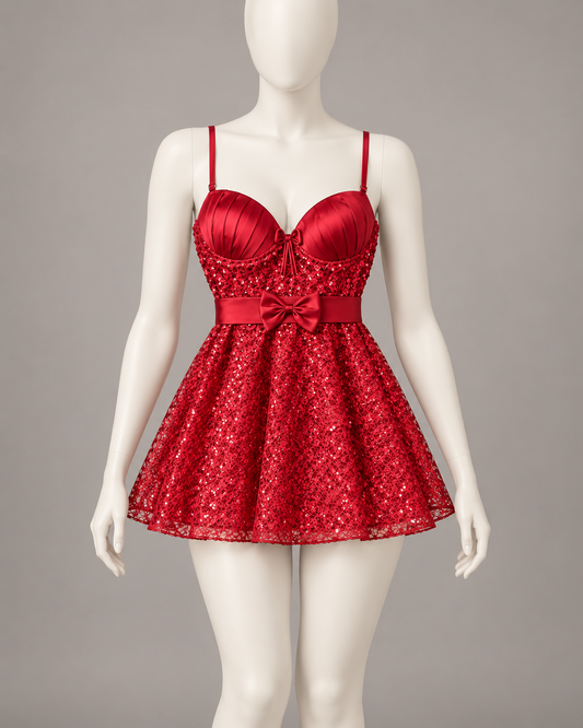 Satin Bow & Sequin Lace Babydoll Dress