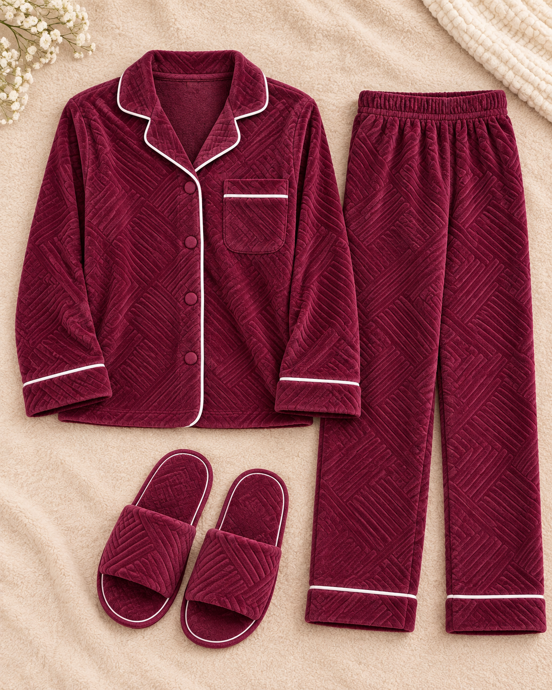 Women’s 3-Piece Plush Pajama Set with Slippers