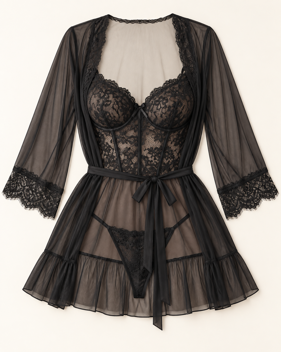 Lace & Sheer Robe Lingerie Set