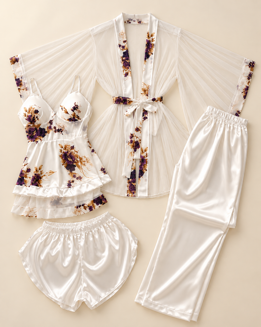 Floral Satin & Sheer Robe Sleepwear Set